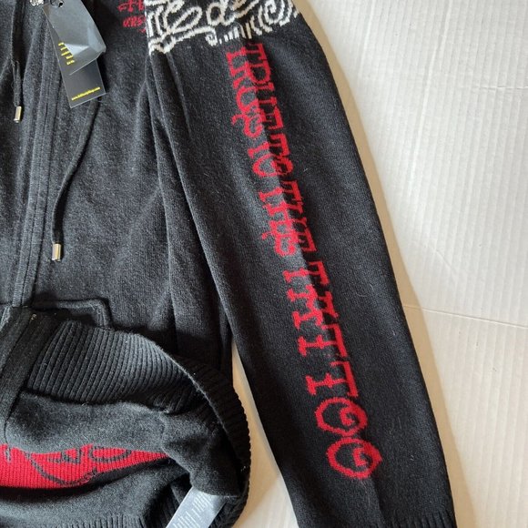 ED HARDY L Hooded Wool Blend Zip Knit Sweater Cardigan Scull LOVE KILLS SLOWLY - Picture 8 of 14